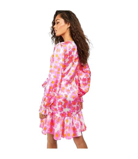 Womens/ladies Floral Satin Skater Dress Pink Influence