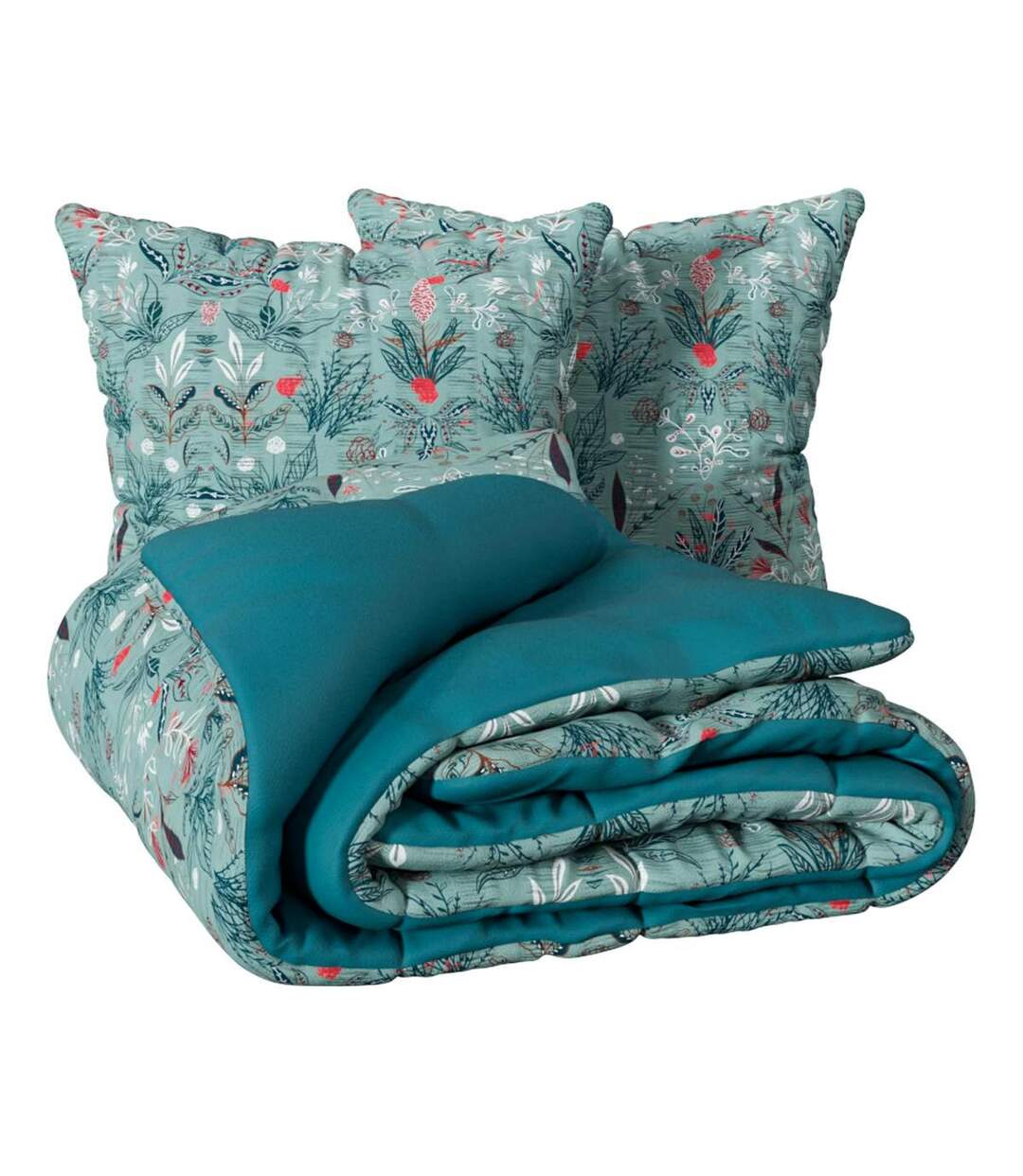 Parure de Lit 3 Pièces Plissée Végétal Marin 240x220cm Vert Céladon-2