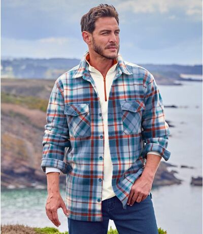 Men's Checked Fleece Overshirt - Ecru Blue Green Orange