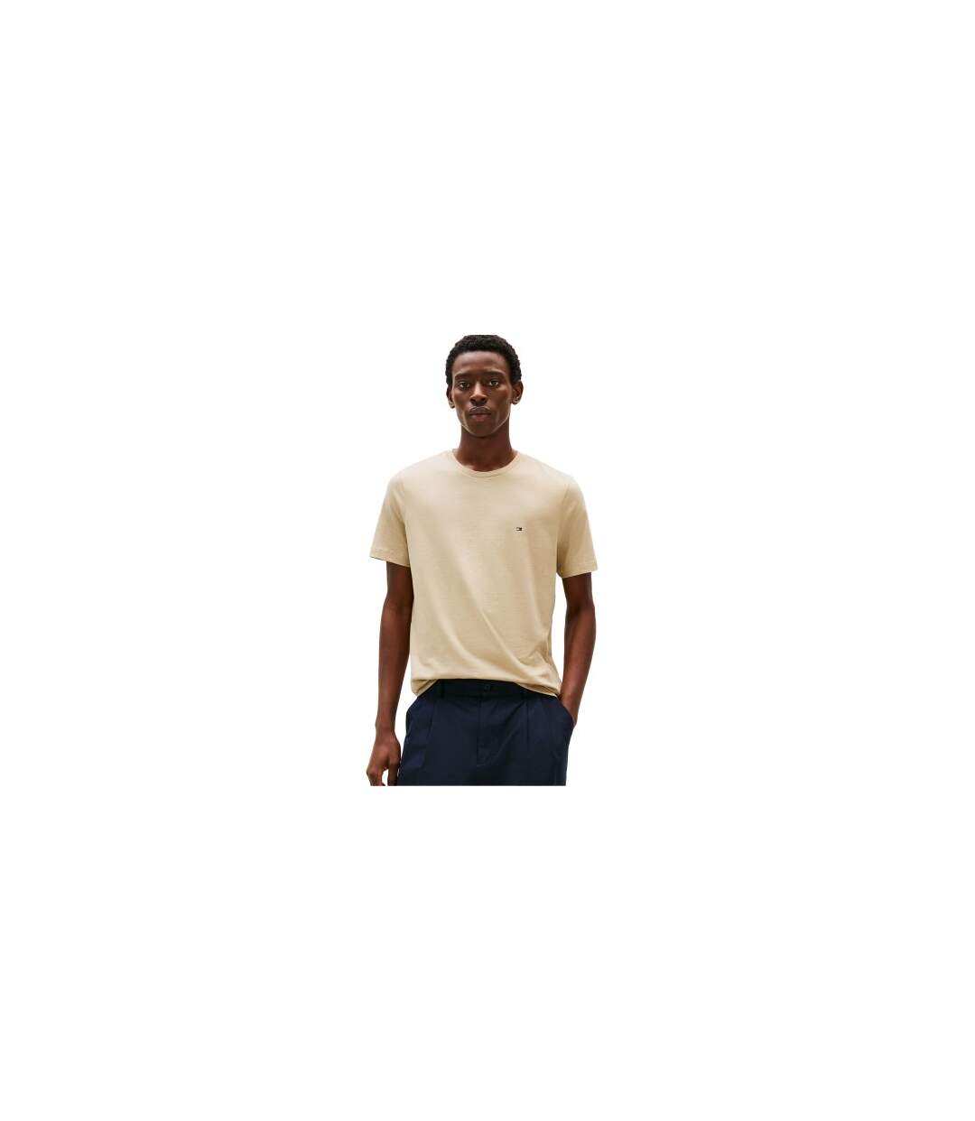 Mens Embroidered Logo Crew Neck T-shirt Sand Beige Tommy Hilfiger-1