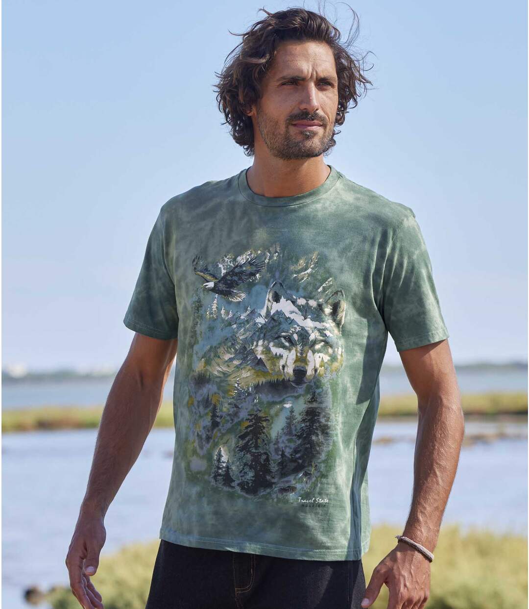 Men's Wolf Print T-shirt - Green-1