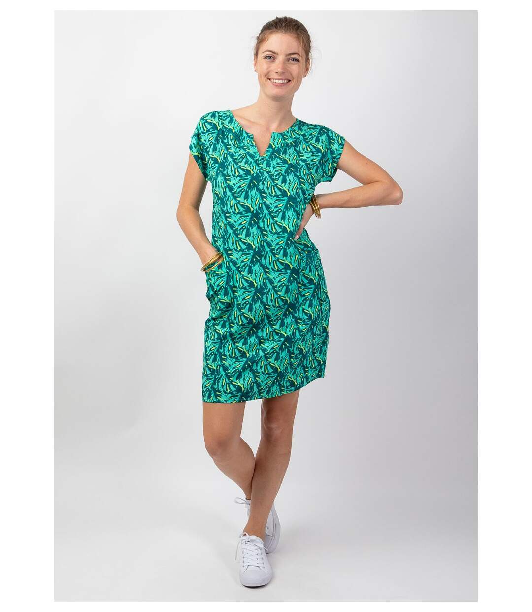 Robe femme été coton manches courtes ERIKA motif tropical vert Coton Du Monde