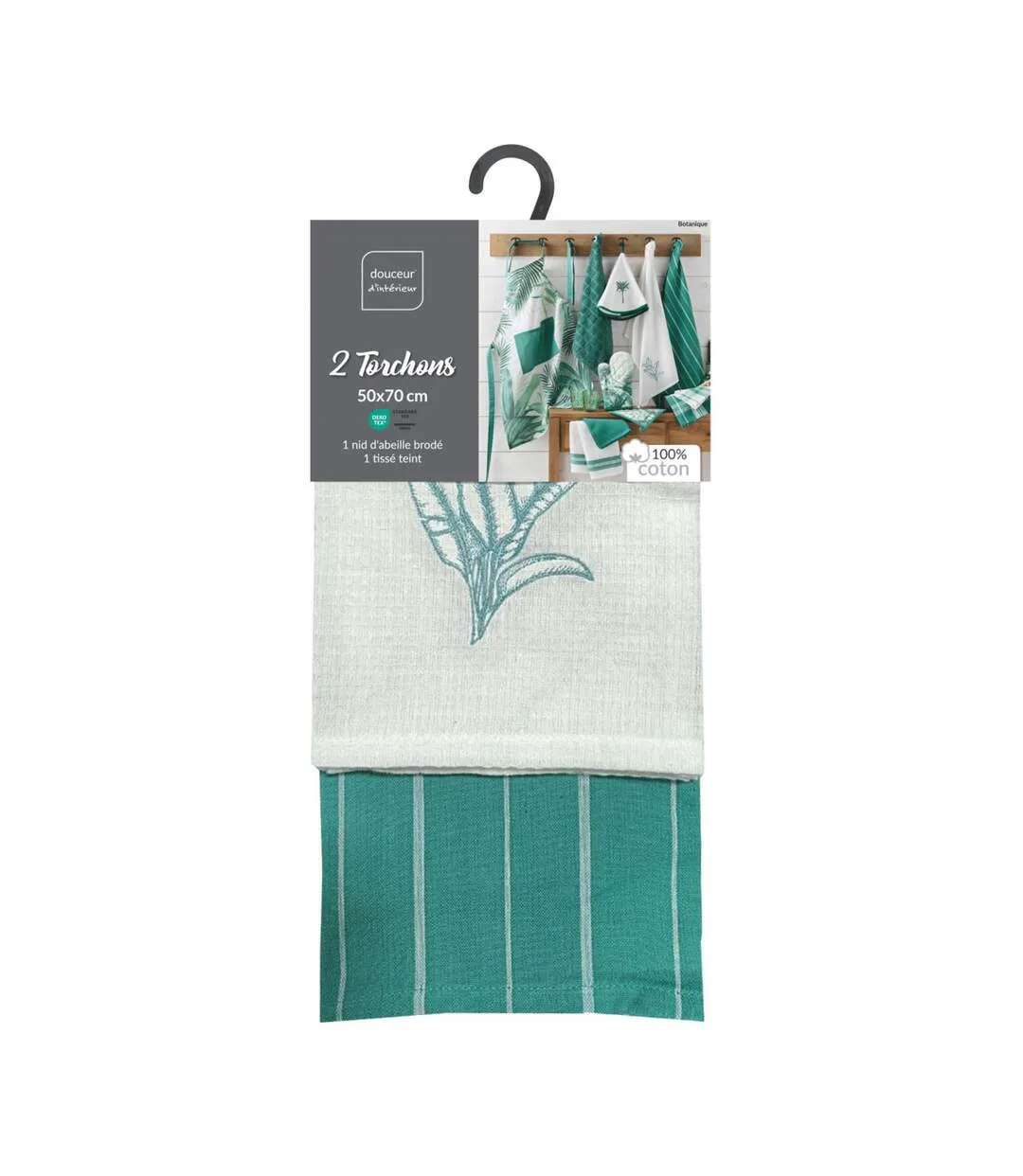 Lot de 2 Torchons Nid d'Abeille Brodé Botanique 50x70cm Vert-3