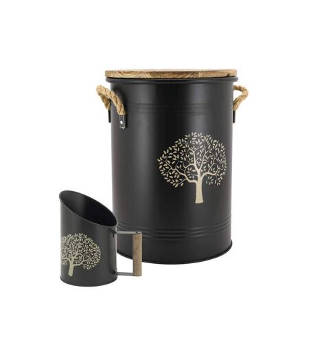 Tabouret et seau à pellets avec pelle Arbre Métal laqué Arbre de vie