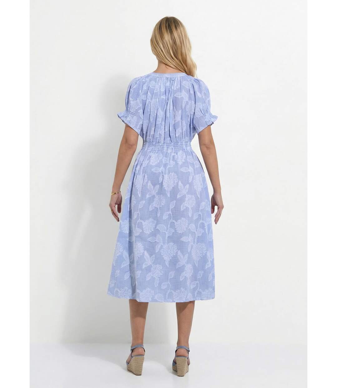 Robe longue smocks coton rayures et jacquard-2