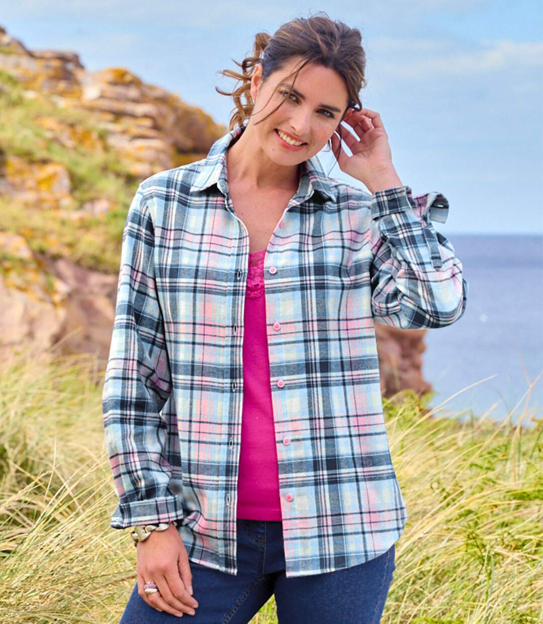 Women's Ecru Checked Flannel Shirt-3