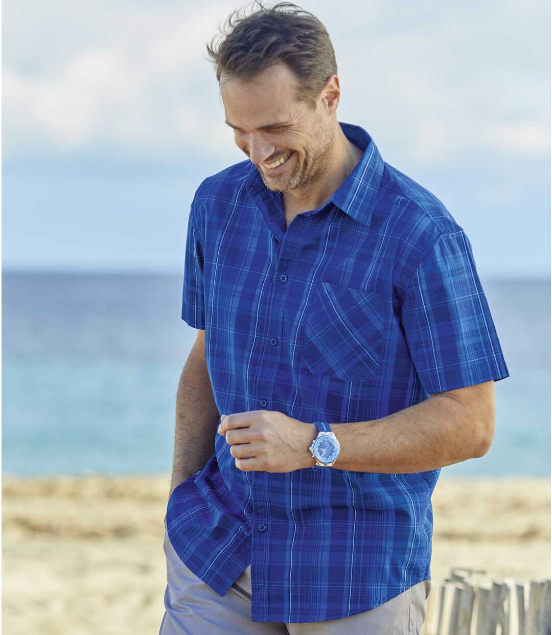 Men's Blue Short Sleeve Checked Shirt Atlas For Men