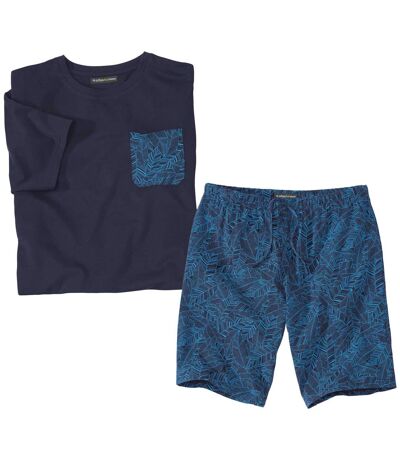 Men's Printed Pyjama Short Set - Navy Blue