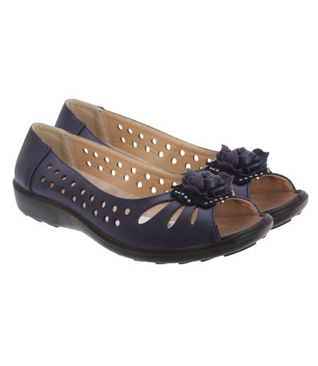 Boulevard Womens/Ladies Punched Open Toe Flower Casual Shoes (Navy Blue) - UTDF445