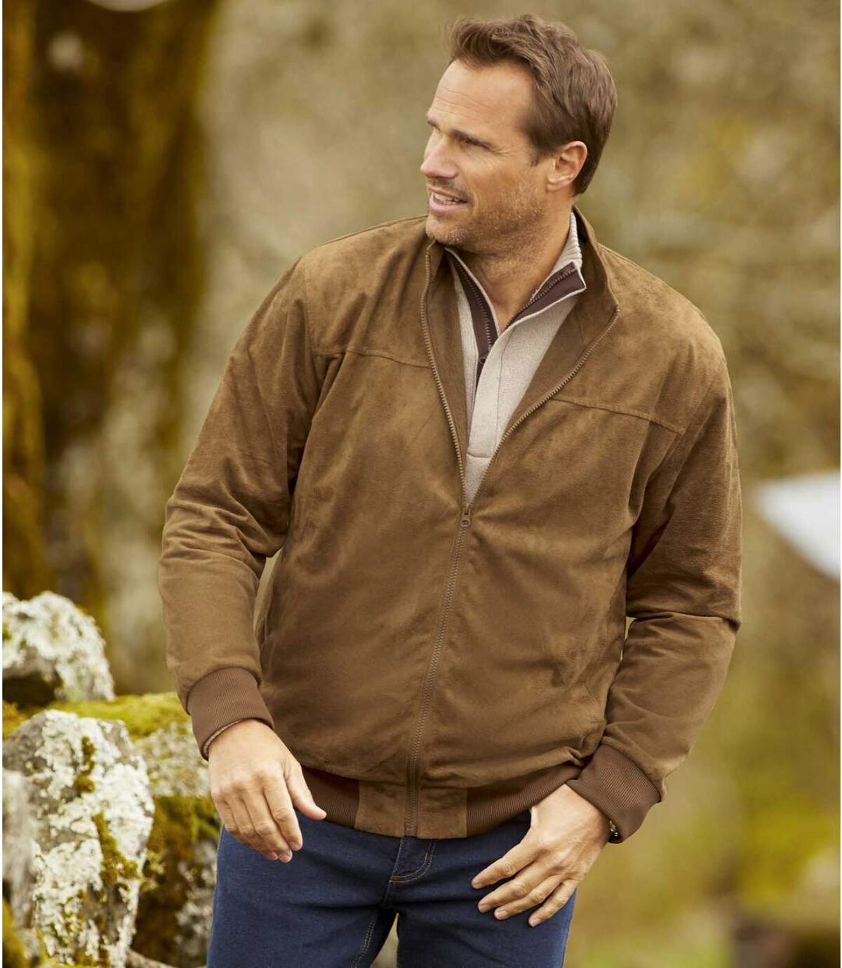 Men's Brown Faux-Suede Jacket - Full Zip - Fleece Lining Atlas For Men