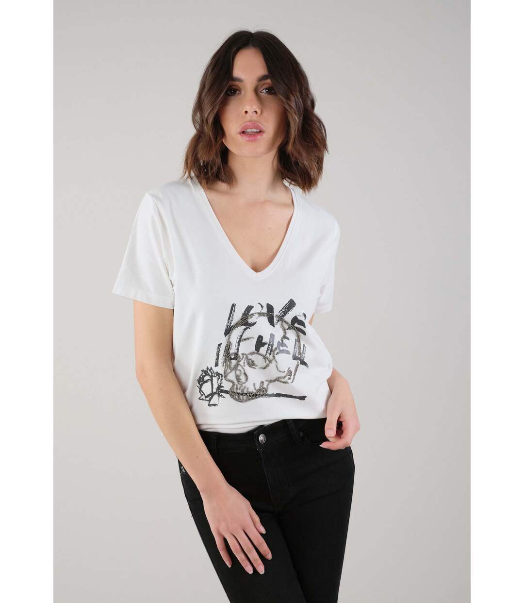 T-Shirt col V imprimé graphique motif tête de mort HELLAS