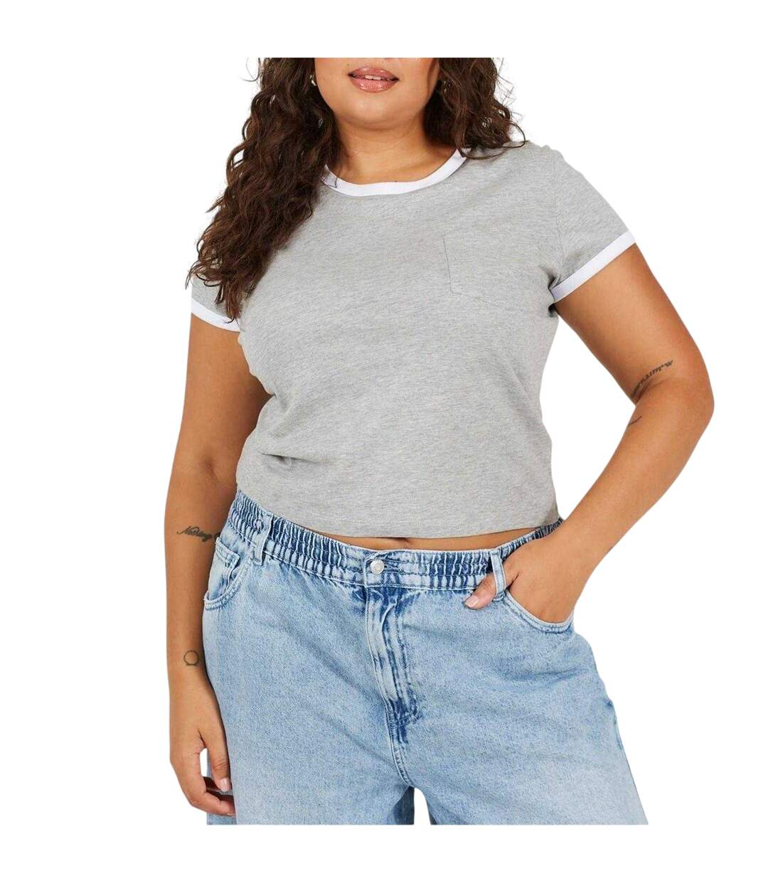 Womens/ladies Ringer Crew Neck Plus T-shirt Grey White Brave Soul-2
