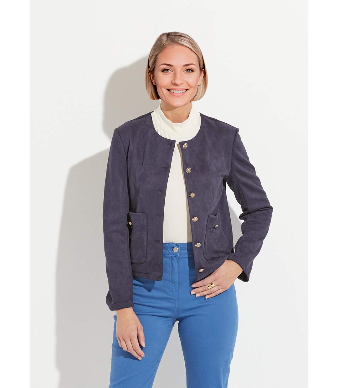 Veste sans col boutonnée courte marine-1