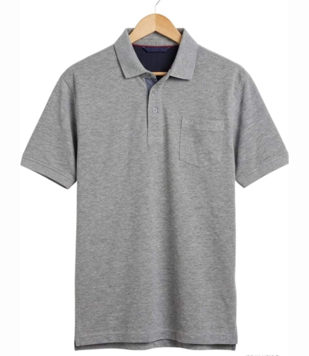 CHALLENGER RUSTICO1 : Polo manches courtes gris chiné en maille piquée 100% coton et détails chambray-2
