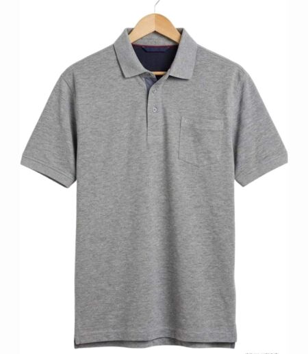 CHALLENGER RUSTICO1 : Polo manches courtes gris chiné en maille piquée 100% coton et détails chambray