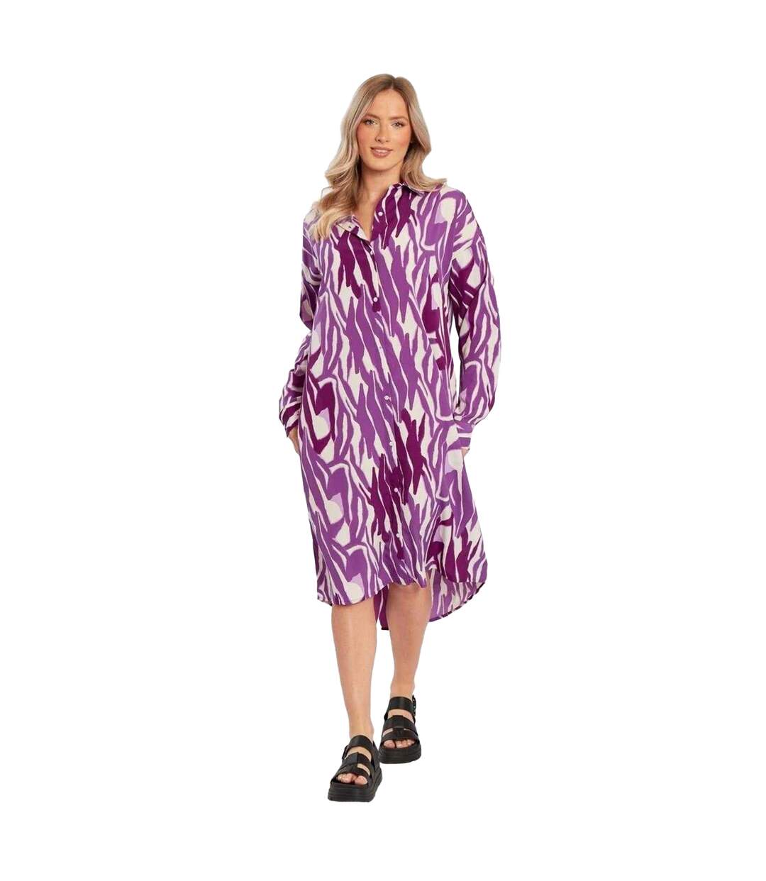 Womens/ladies Zebra Print Tailored Midi Shirt Dress Purple Influence-1