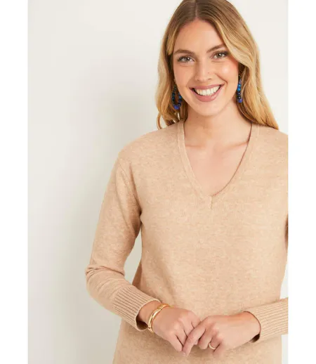 Pull tunique chiné long col V avec laine