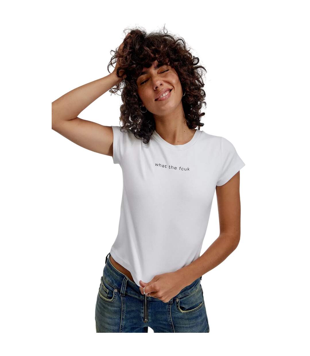 Womens/ladies Text Crew Neck Slim Crop T-shirt White FCUK-4