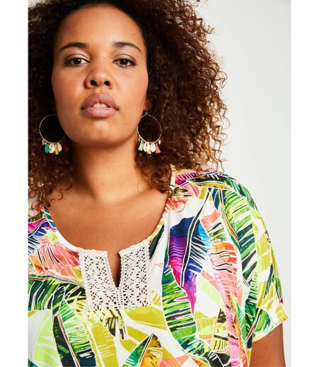 T-shirt long ample motif fluo dentelle