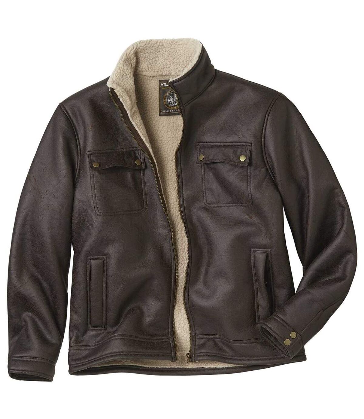 Men's Brown Faux Suede Bomber Jacket with Sherpa Lining and Full Zip Atlas For Men