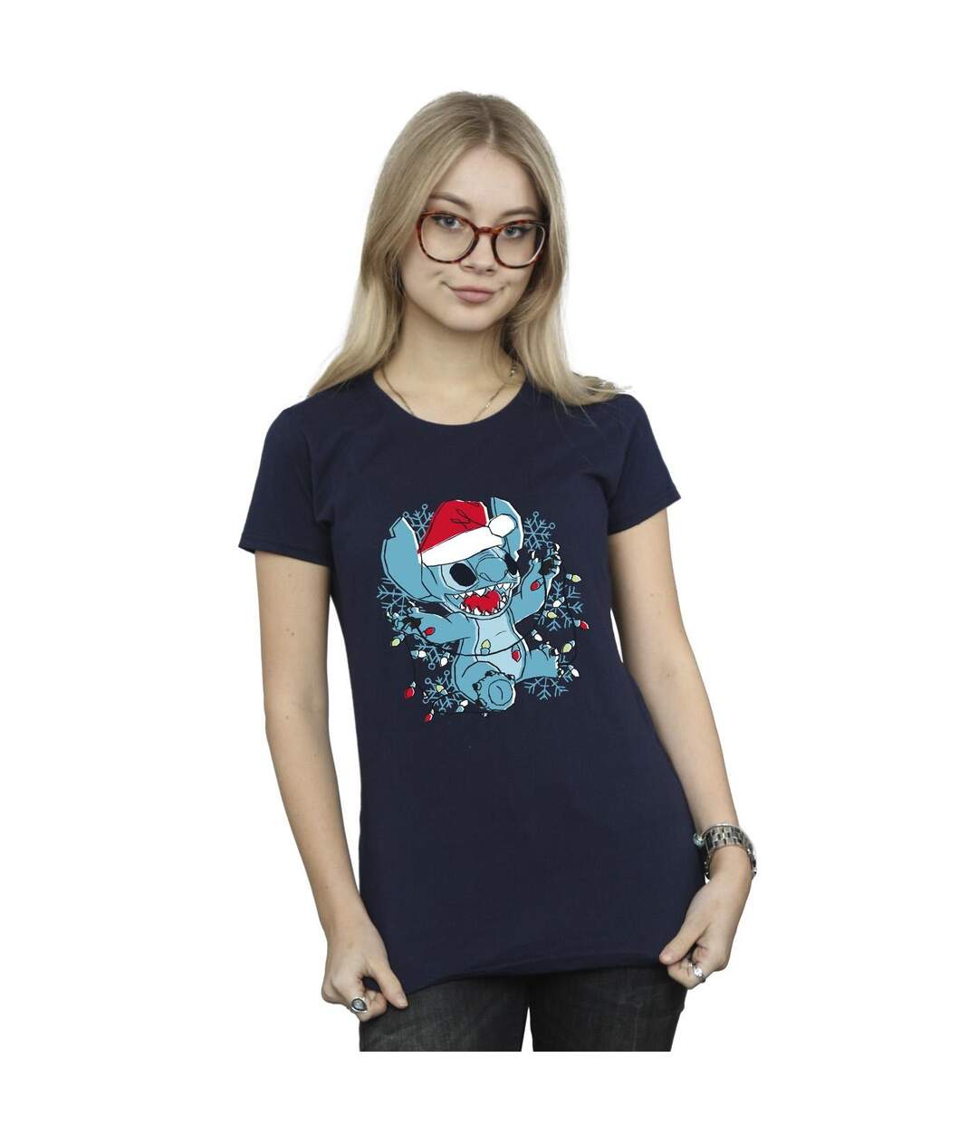 Disney Femmes/Les femmes Lilo And Stitch Christmas Lights - T-shirt en coton à motif d'esquisse (Bleu marine) - UTBI25669-2