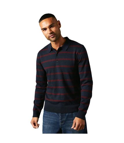 Mens stripe knitted long-sleeved polo shirt navy Maine