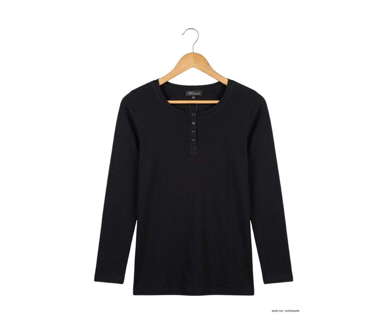 MAYFLOWER - Tee-shirt manches longues noir uni en viscose stretch avec col à 4 boutons-2