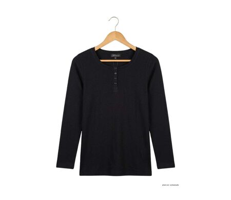 MAYFLOWER - Tee-shirt manches longues noir uni en viscose stretch avec col à 4 boutons