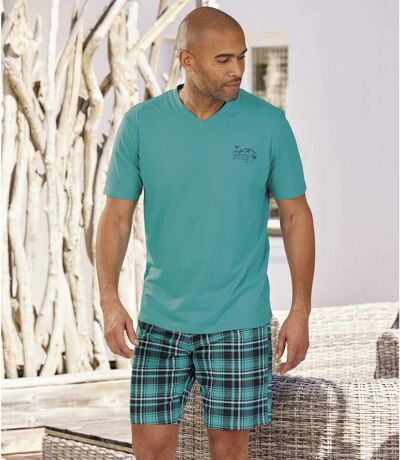 Men's Checked Turquoise Pajama Short Set