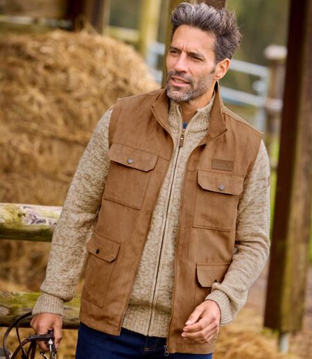 Men's Camel Multi-Pocket Faux Suede Vest