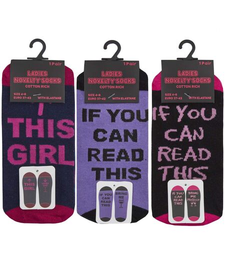 Womens/Ladies Cotton Rich Novelty Drinks Socks (3 Pairs) (Lilac/Black/Navy) - UTUT1190
