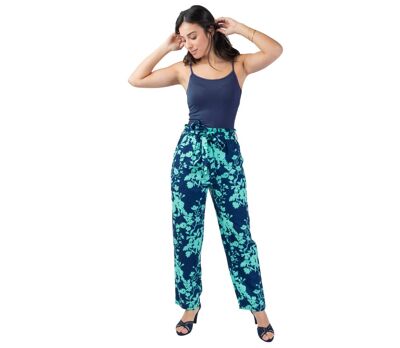 Pantalon fluide femme Maly imprimé fleuri turquoise Coton Du Monde