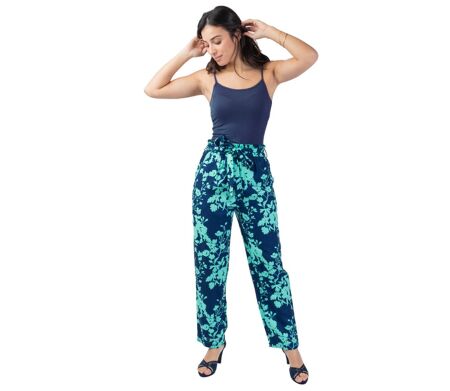 Pantalon fluide femme Maly imprimé fleuri turquoise Coton Du Monde