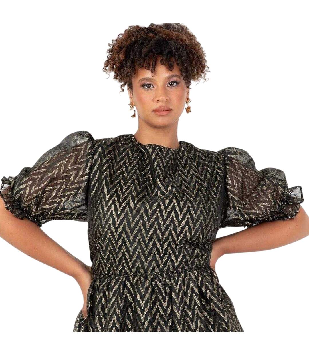 Robe Mi-longue Manches Courtes Motif/style Chevron Femme Jaune Or Lovedrobe-3