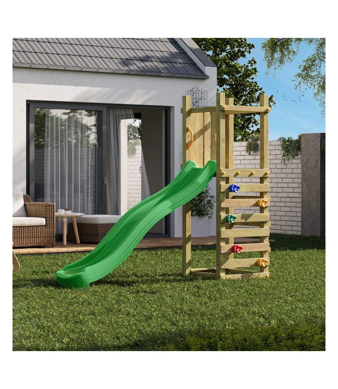 Plateforme de jeux en bois Funny Toboggan + mur d'escalade