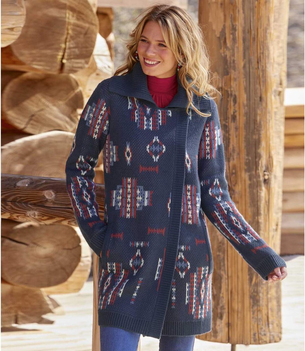 Women's Patterned Longline Knitted Jacket - Navy Atlas For Men