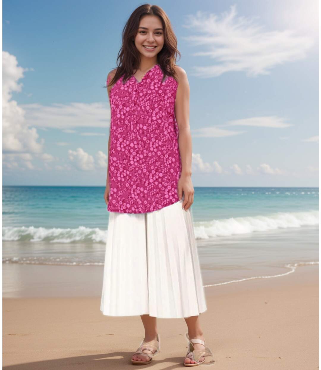 Tunique estivale fleurie sans manches - Col rond rose pour femme - Style décontracté-4