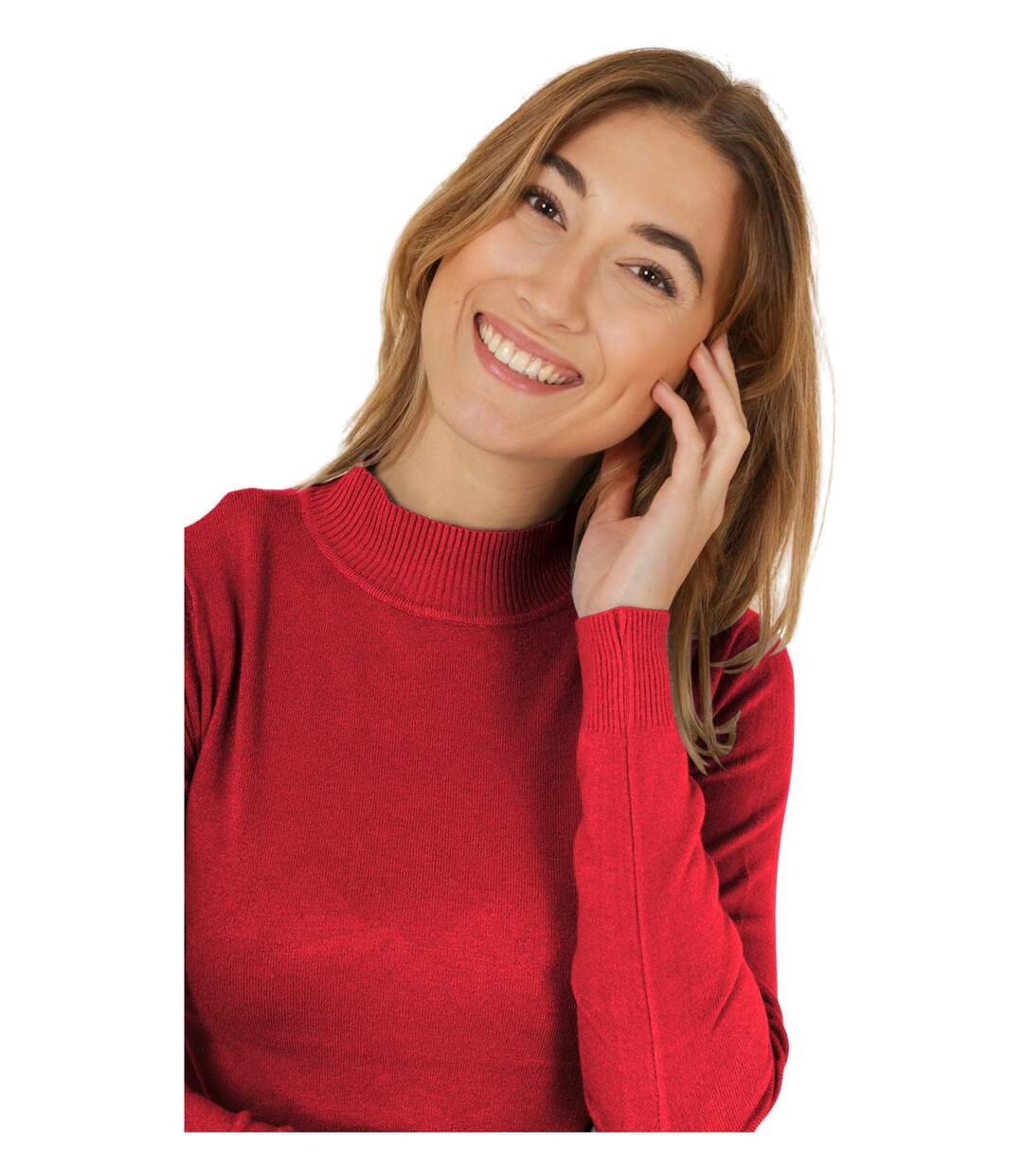 Pull femme de couleur rouge col montant manches longues.