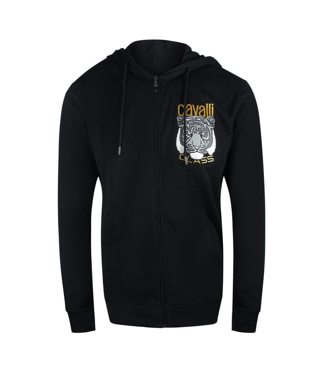 Mens Bold Tiger Logo Full Zip Hoodie Black Cavalli Class-1