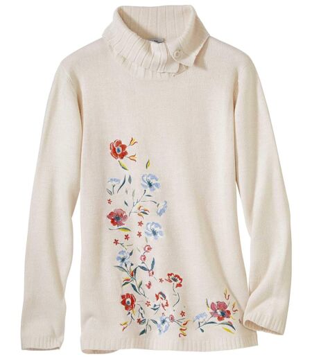 Women's Beige Longline Knit Pullover with Embroidery
