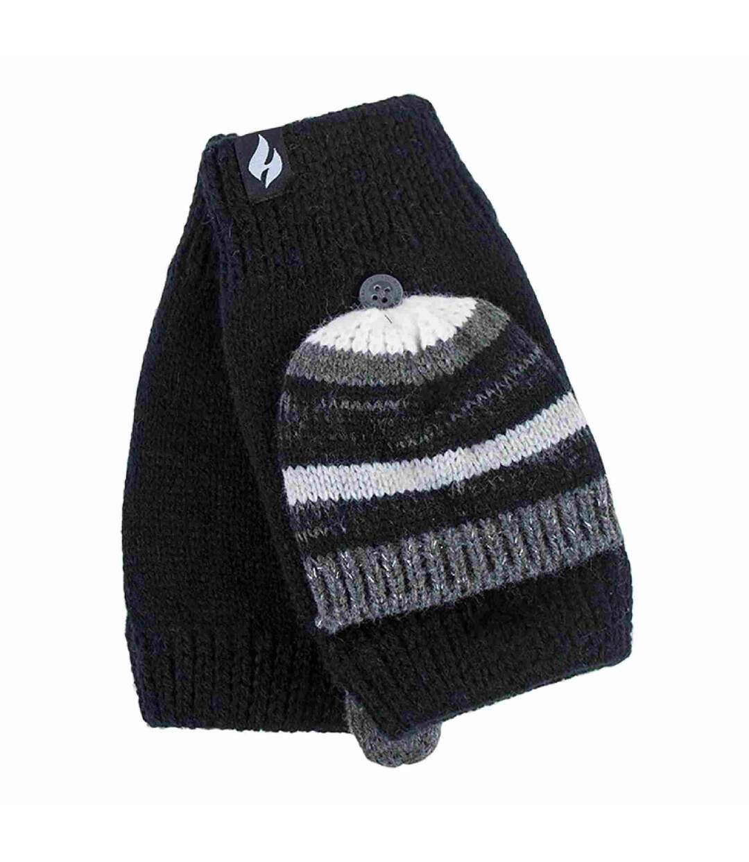 Ladies Striped Fleece Lined Thermal Knitted Converter Mitten Gloves-1