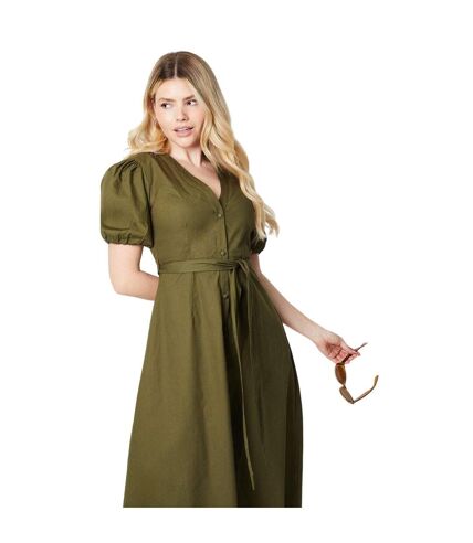 Womens/ladies button-down puff sleeve midi dress khaki green Dorothy Perkins