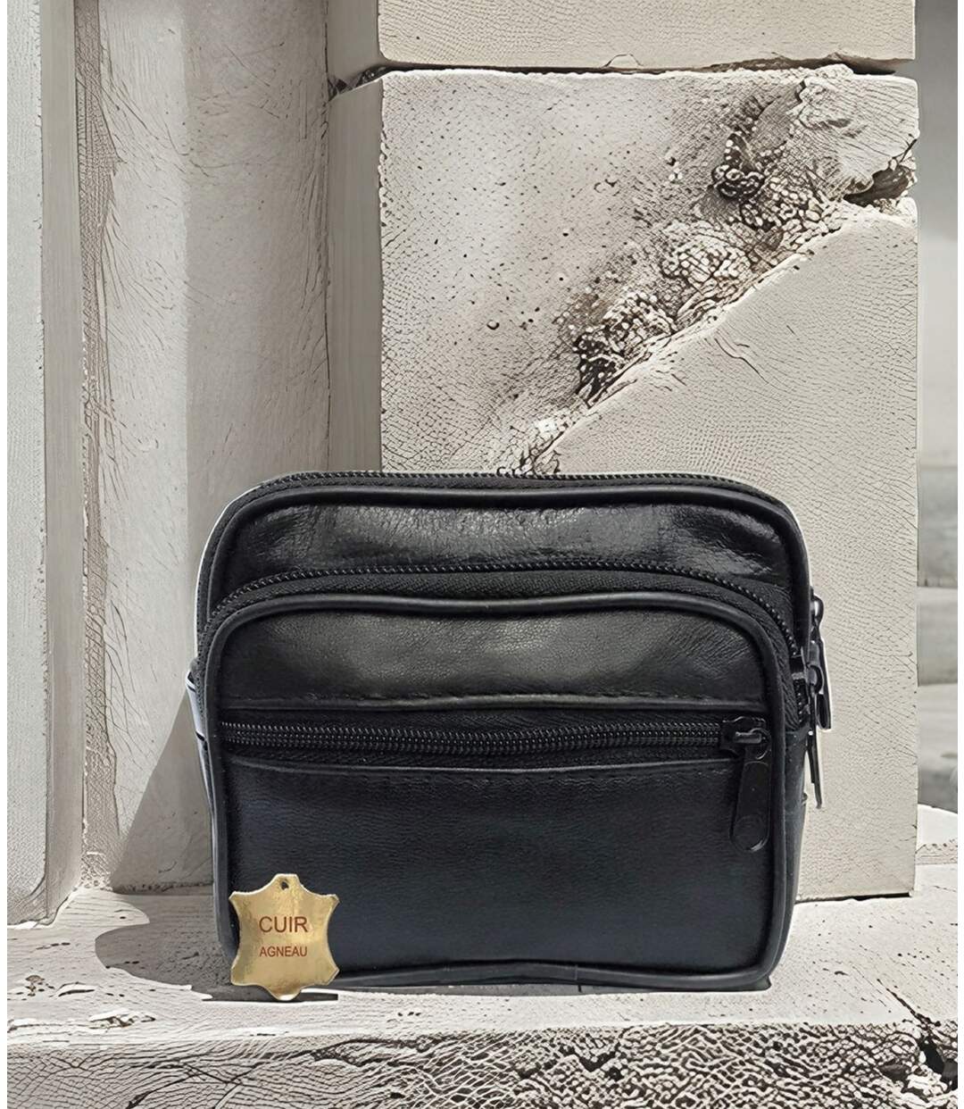 Porte monnaie compact en cuir agneau noir pour homme-4