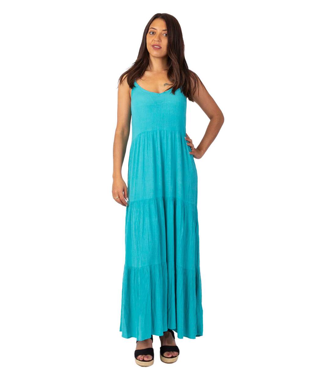 Robe longue unie fines bretelles torsadées MONICA turquoise Coton Du Monde-1