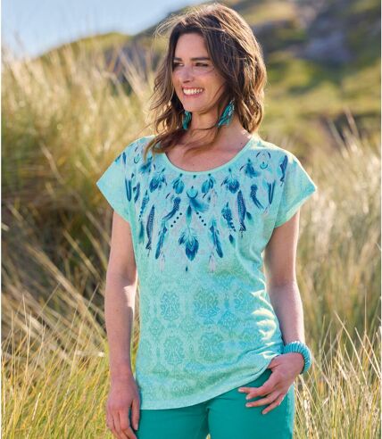 Women's Blue Feather Print T-Shirt