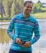 Men's Striped Polo Shirt - Turquoise Navy Ecru
