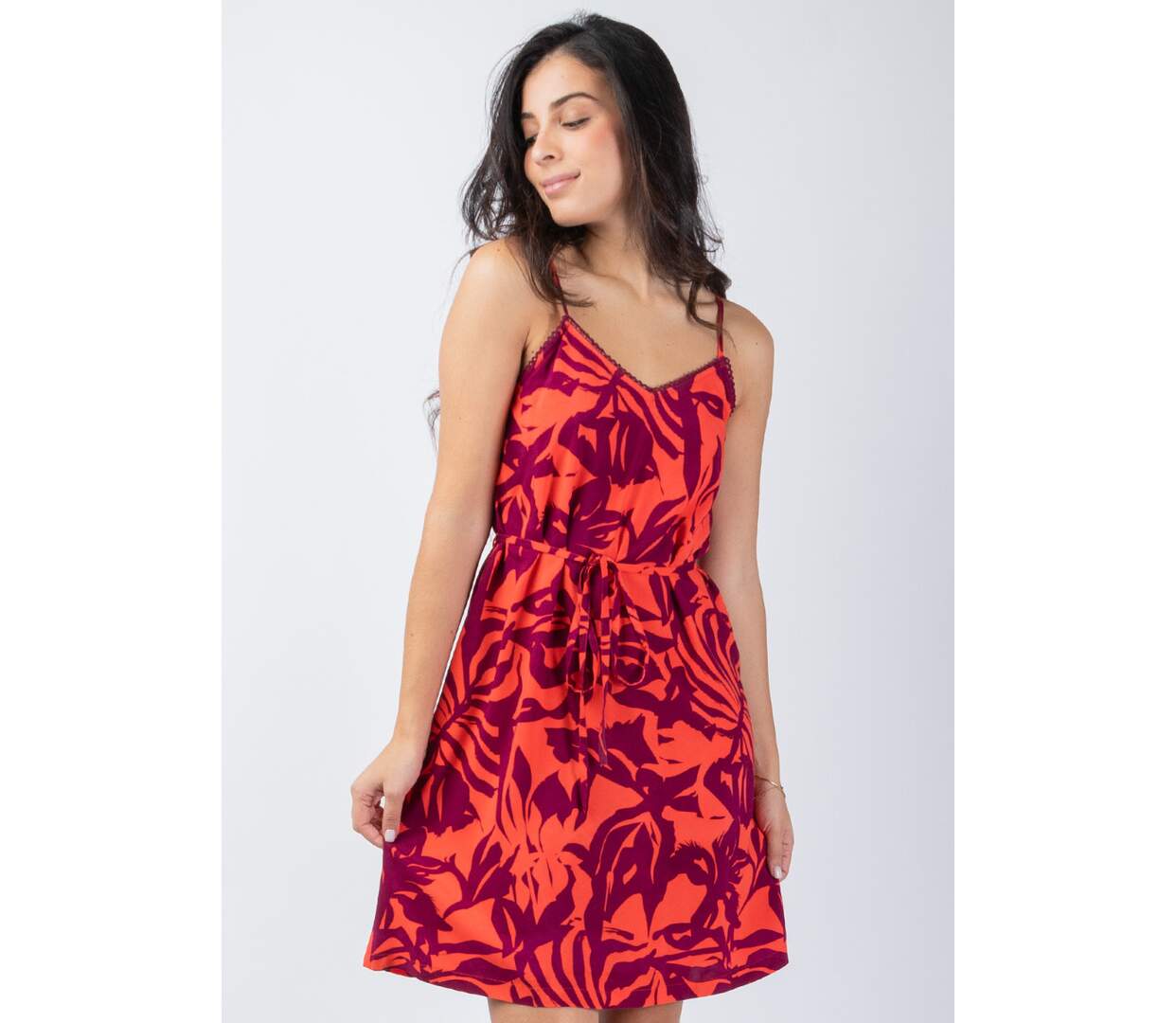 Robe courte fluide fines bretelles AMAYA motif ethnique orangé Coton Du Monde-2