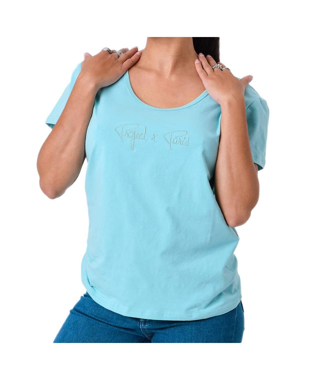 T-shirt Turquoise Femme Project X Paris Basic Broderie F221114 - S-1