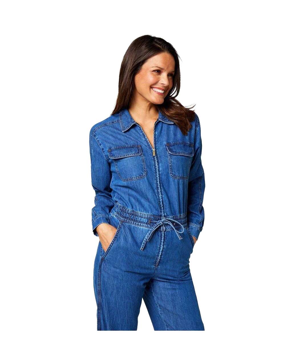 Womens/ladies Denim Loose Fit Long-sleeved Jumpsuit Blue Biba-4