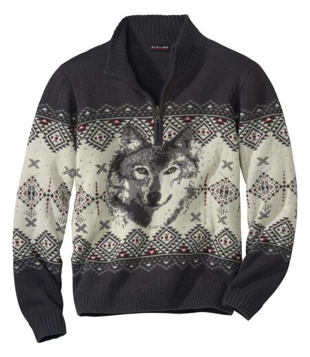 Žakárový pulovr se zapínáním u krku a s motivem vlka
